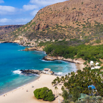 Aerial view of Tarrafal beach in Santiago island in Cape Verde -