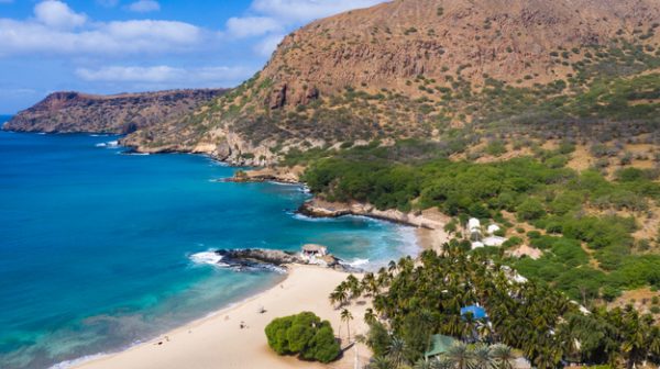 Aerial view of Tarrafal beach in Santiago island in Cape Verde -