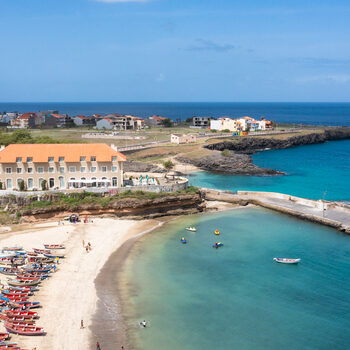 Aerial view of Tarrafal beach in Santiago island in Cape Verde -