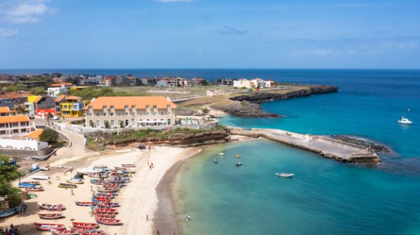 Aerial view of Tarrafal beach in Santiago island in Cape Verde -
